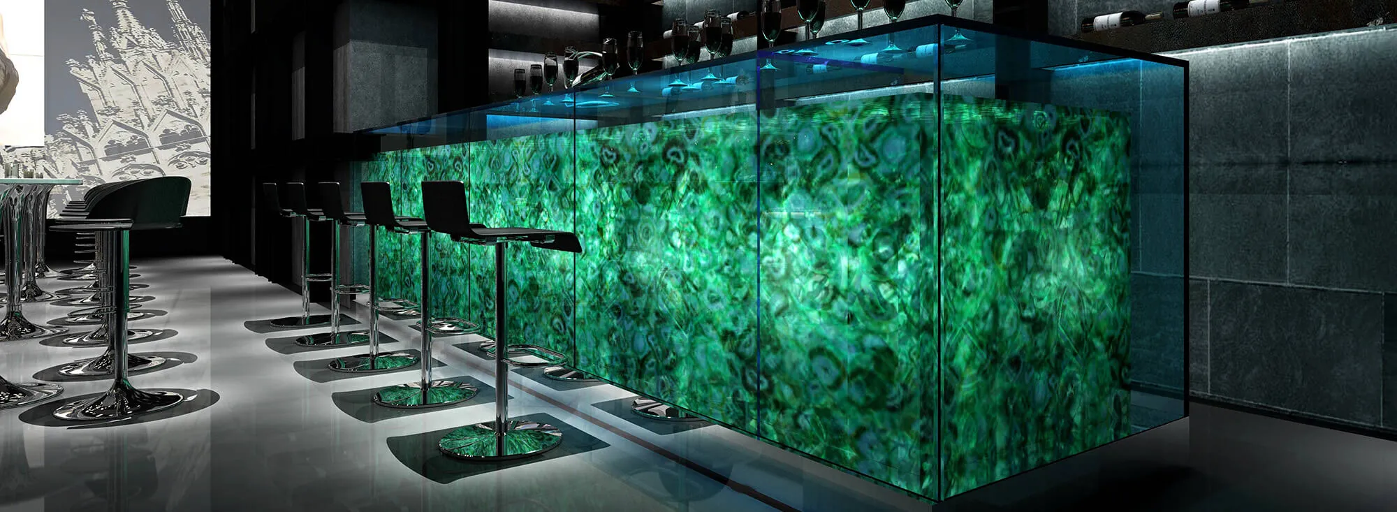 Green Malachite Backlit Hotel Bar Tops